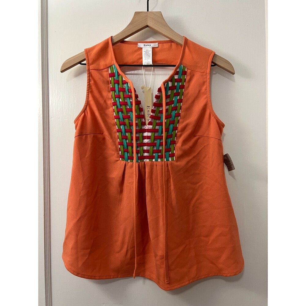 Esley Orange Sleeveless Blouse Pink White Blue Green Weave Detail - Women's S